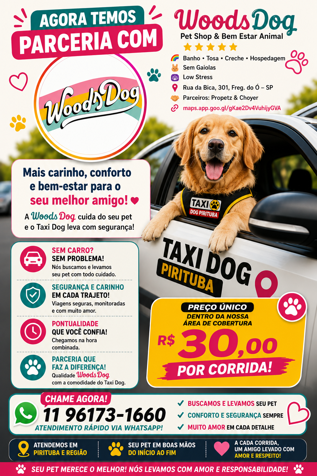 Parceria Táxi Dog Pirituba com a Woods Dog — Pet Shop & Bem Estar Animal na Freguesia do Ó